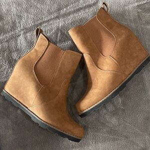 Camel size 7 in original box worn 1x suede bootie wedge